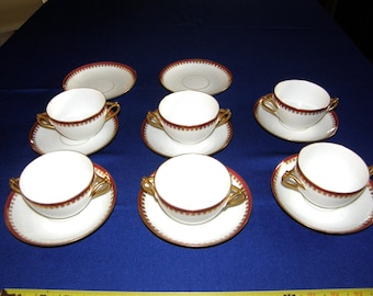 Bernardaud Limoges Tea Cups & Saucers, Burgundy Gold Trim (Set of 2)