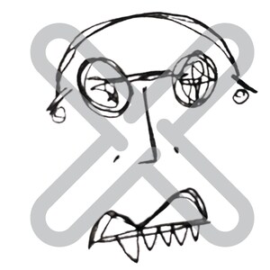 Puede incluir: Dibujo lineal en blanco y negro de una cara con gafas, una nariz larga y una amplia sonrisa con dientes. El dibujo tiene un estilo sencillo y de dibujos animados, con líneas gruesas y mínimos detalles sobre un fondo blanco.