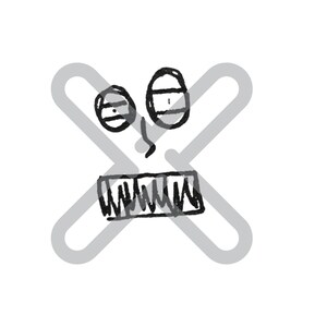 May include: A black and white hand-drawn illustration of a face with two eyes, a nose, and a mouth. The face is drawn in a simple, cartoon style.