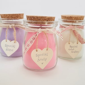 Special Aunty Gift Candle - Scented wax candle within glass jar with 'Special Aunty' wooden heart tag. By treasureRecraft. Choice of scents