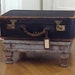 20"x12" ~ Antique Black Luggage w/ Leather Handle & Trim ~ Vintage Farmhouse Storage Trunk ~ Old Primitive Suitcase