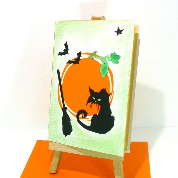 Halloween broomstick Black cat Handmade card Pumpkin magic Spooky Recycled Hand coloured Harry Potter Wicked Hocus Pocus Trick or Treat UK