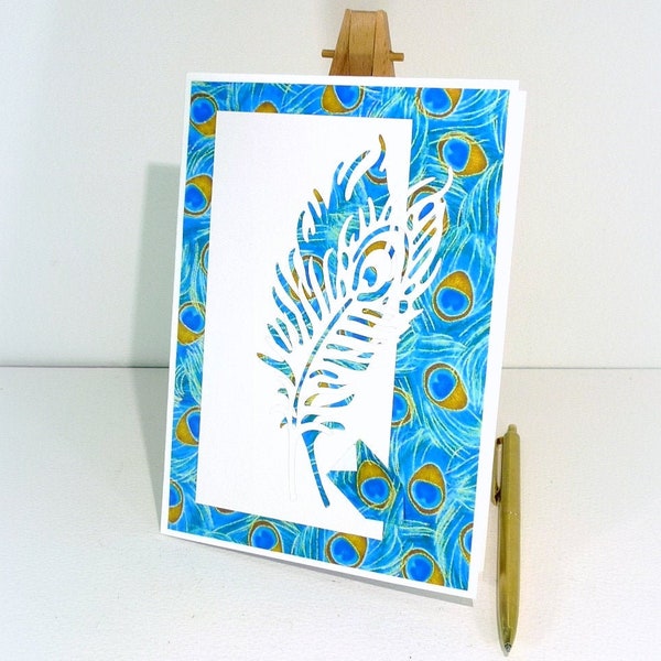 Peacock feathers Handmade card Wedding Anniversary Engagement Retirement Birthday Housewarming Get well Recycled Blue gold white UK