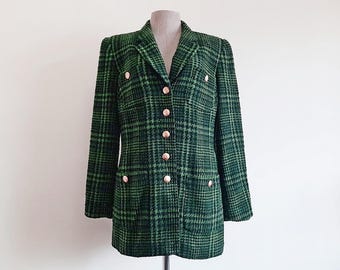 RENA LANGE Blazer de lana a cuadros verde vintage grande / Chaqueta de tartán para mujer con hombreras, botones dorados, cuello con muesca, diseñadora retro, otoño invierno
