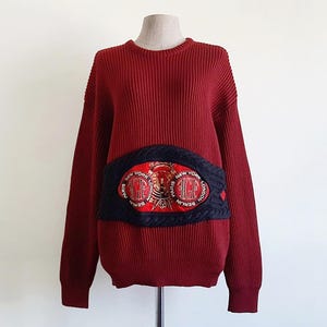 Small Vintage GIANFRANCO FERRE Maroon Red Wool Sweater Womens Embroidered Sweater Knit Sweater Ribbed Sweater Crew Neck Sweater Fall Sweater