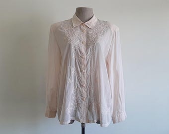Vintage Pink Floral Embroidered Shirt Cotton Blouse Long Sleeve Top Button Up Collared Large