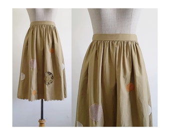 Brown Cotton Skirt Vintage Embroidered Skirt Womens Gathered Skirt Knee Length Skirt High Waisted Skirt Boho Skirt Hippie Skirt XS 24" Waist