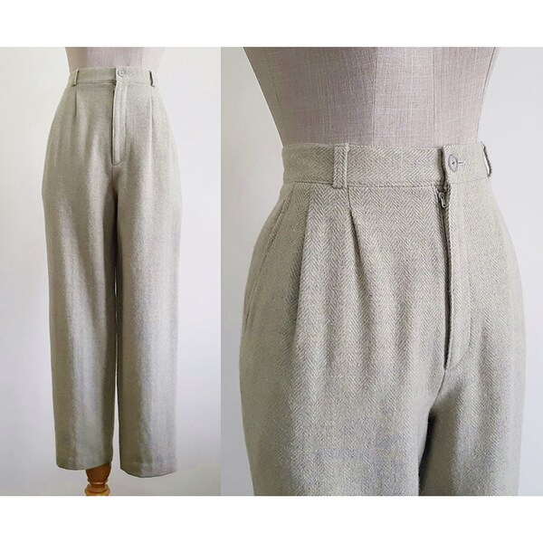 Cream Gray Wool Pants Vintage High Waisted Pants Womens Tapered Trousers High Rise Pants Fall Pants Winter Pants Retro Pants Small 26" Waist