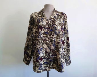 Vintage 80s Purple Leaf Print Shirt Long Sleeve Blouse Button Up Collared Polyester Large