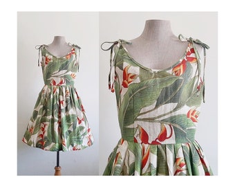 Floral Linen Dress Womens Birds of Paradise Dress Botanical Print Dress Strap Dress Pleated Dress Pin Up Dress Summer Dress Sun Dress Medium