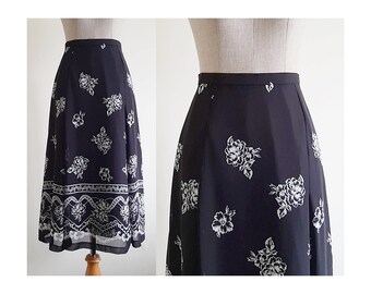 Black Floral Print Skirt Vintage A Line Midi Skirt Womens Aline Skirt Chiffon Skirt High Waisted Skirt Flower Skirt Medium 29" Waist