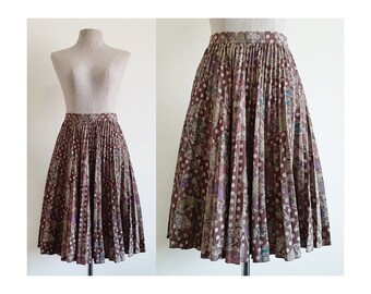 Brown Pleated Skirt Vintage Polka Dot Skirt Womens Baroque Print Skirt Accordion Skirt Knee Length Skirt Full Skirt Retro Skirt XS 25" Waist