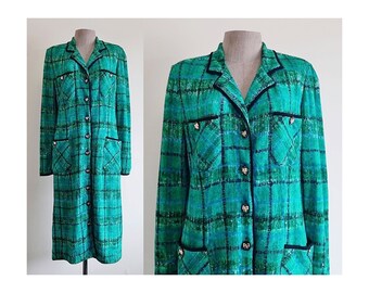 Green Plaid Wool Dress Vintage Knit Midi Dress Womens Shirt Dress Long Sleeve Dress Button Front Dress Collared Dress With Pockets Medium