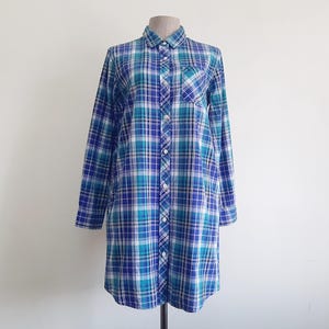Small Vintage Blue Green Plaid Dress Womens Shirt Dress Cotton Dress Shift Dress Long Sleeve Dress Mod Dress Button Front Dress Loose Dress