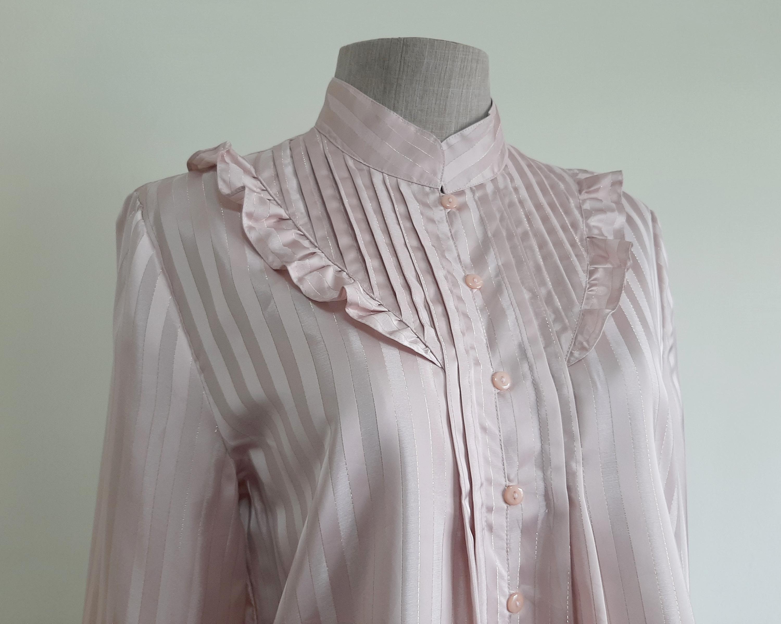 Vintage 80s Pink Gold Ruffle Blouse Metallic Striped Long Sleeve ...
