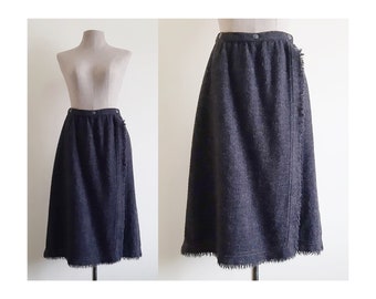 Gray Black Wrap Skirt Vintage Wool Skirt Womens Knee Length Skirt High Waisted Skirt Italian Skirt Fall Skirt With Pockets Small 26" Waist