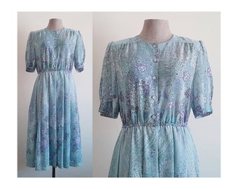 80er Jahre Grün Blau Floral Kleid Vintage Kurzarm Kleid Damen Blumen Midi Kleid Button Up Kleid Japanisches Kleid Sommerkleid Tageskleid Large