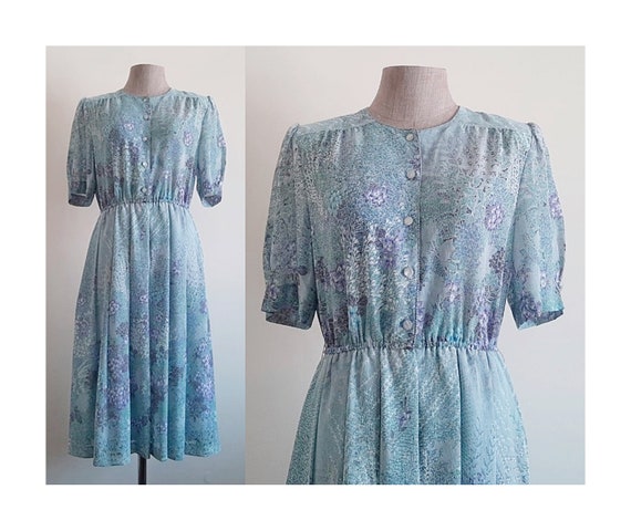 80s Green Blue Floral Dress Vintage Short Sleeve … - image 1