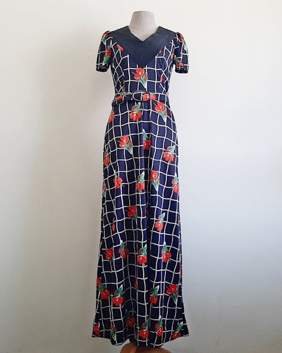 70s Floral Maxi Dress Vintage Navy Blue Dress Wom… - image 2