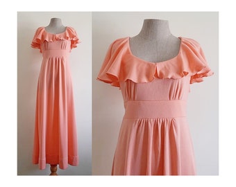 70s Orange Maxi Dress Vintage Prom Dress Womens Disco Dress Party Dress Cape Dress Empire Waist Dress Polyester Dress Sleeveless Dress Small
