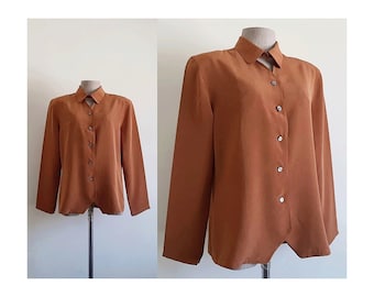 Brown Keyhole Blouse Vintage Long Sleeve Blouse Womens Button Up Shirt Collared Blouse Polyester Blouse Secretary Blouse Office Blouse Large