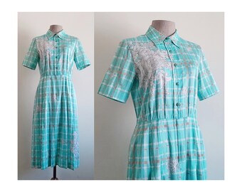 80s Blue Tartan Plaid Dress Vintage Floral Midi Dress Womens Cotton Dress Shirt Dress Short Sleeve Dress Collared Dress Pleated Dress Medium