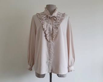 Vintage jaren 80 beige blouse met strik, ruches, hoge hals, lange mouwen, Victoriaanse stijl, maat L