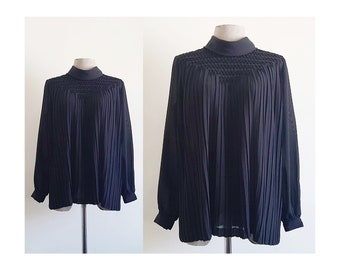 Black Pleated Blouse Vintage Sheer Chiffon Blouse Womens See Through Top Long Sleeve Blouse Button Back Blouse Rolled Collar Blouse Medium