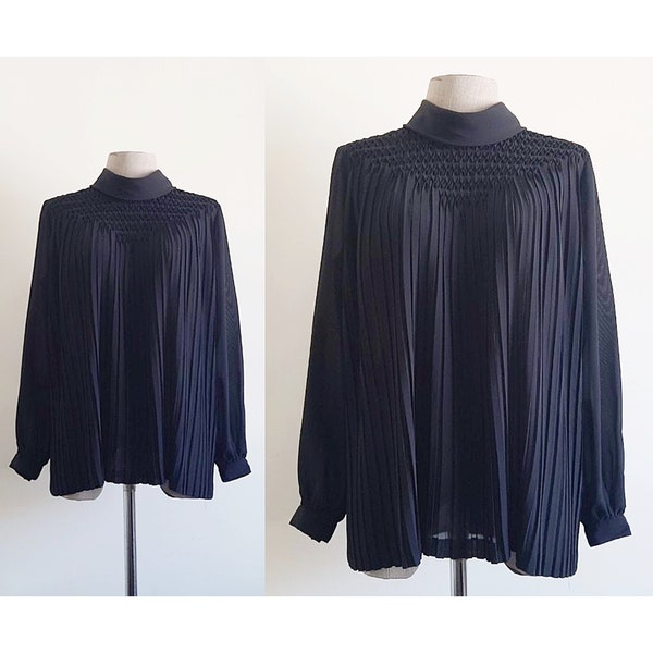 Black Pleated Blouse Vintage Sheer Chiffon Blouse Womens See Through Top Long Sleeve Blouse Button Back Blouse Rolled Collar Blouse Medium