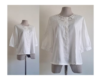 White Embroidered Blouse Vintage Eyelet Lace Blouse Womens Half Sleeve Top Button Up Blouse Cottagecore Blouse Romantic Blouse Small