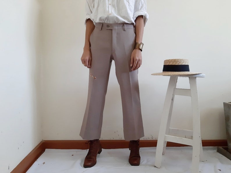 Vintage Brown Cropped Pants Women Straight Trousers Polyester Pants Mid Rise Trousers Womens Straight Pants Cropped Trousers Medium 28 Waist