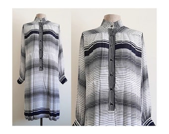 80s White Black Striped Dress Vintage Chiffon Dress Womens Long Sleeve Dress High Neck Dress Button Front Dress Knee Length Dress Medium