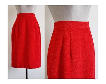 Red Wool Skirt Vintage Knee Length Skirt Womens High Waisted Skirt Fall Skirt Winter Skirt Work Skirt Office Skirt Secretary Skirt XS Small