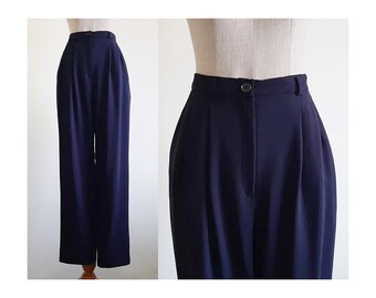 Navy Blue Wool Pants Vintage High Waisted Pants Womens Pleated Trousers High Rise Pants Fall Pants Office Pants Work Pants Small 26" Waist