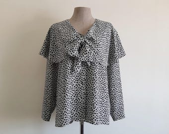 Vintage 80s Black Floral Blouse White Bow Tie Top Cape Collar Long Sleeve Medium