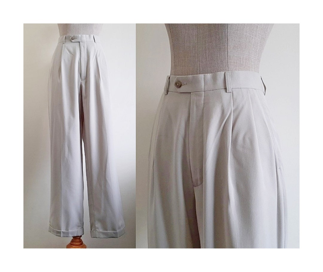 Pleated High Waist Slim Beige Pants
