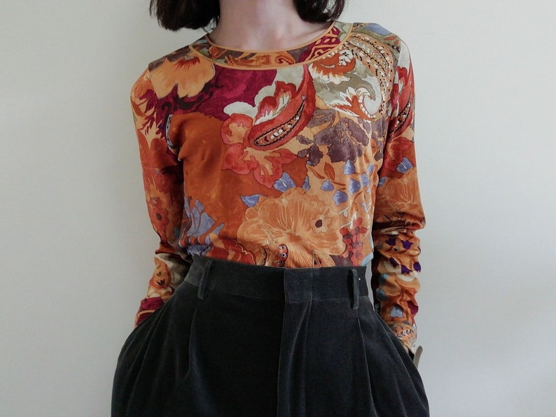 LEONARD Vintage Brown Floral Blouse Women Brown Blouse Flower Blouse Novelty Print Blouse Casual Blouse Long Sleeve Top Medium Large M L