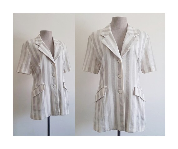 Cream Beige Striped Jacket Vintage Wool Jacket Womens Short Sleeve Blazer Notch Collar Jacket Three Button Jacket Casual Jacket Small