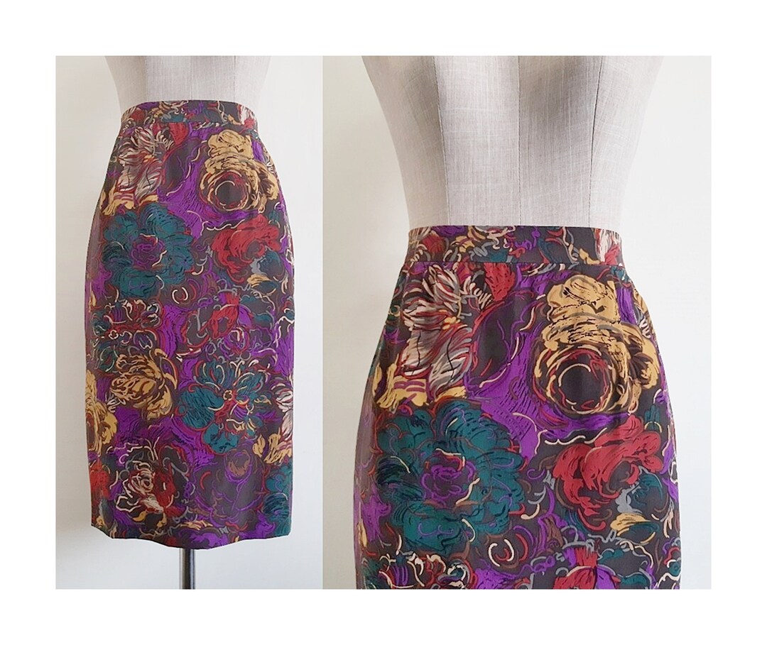 Brown Floral Skirt Vintage Silk Skirt Womens High Waisted Etsy