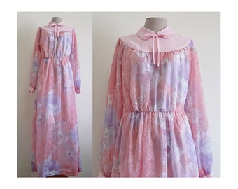 70s Pink Maxi Dress Vintage Eyelet Lace Dress Womens Long Sleeve Dress Prom Dress Evening Dress Formal Dress Boho Dress Hippie Dress Large