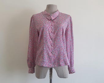 Vintage 80s Pink Floral Blouse Long Puff Sleeve Shirt Collared Top Cottagecore Romantic Small