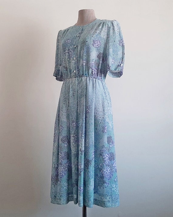 80s Green Blue Floral Dress Vintage Short Sleeve … - image 7