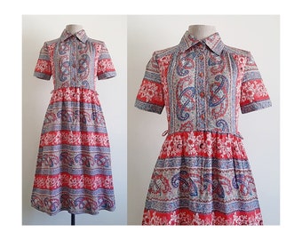 80s Red Paisley Dress Vintage Floral Print Dress Womens Shirt Dress Short Sleeve Dress Button Up Dress Collar Dress Knee Length Dress Small