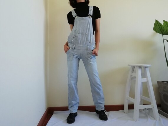 Vintage White Blue Striped Overalls Women Denim Ov