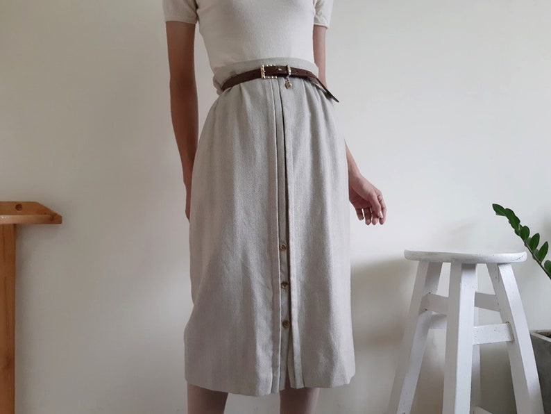 PARIS Vintage Beige Wool Skirt Womens Midi Skirt High Waisted Skirt Fall Skirt Winter Skirt Formal Skirt Medium 28 Waist M ELEGANCE S.A