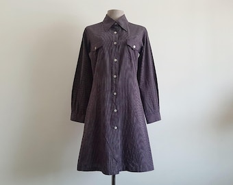 Sukienka koszulowa w kratę w stylu vintage, granatowa, bawełniana, z długim rękawem, zapinana na guziki z przodu i kieszeniami, rozmiar XS