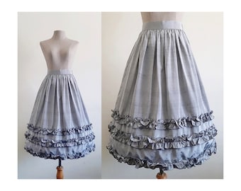 Gray Midi Skirt Vintage Ruffle Skirt Womens Gathered Skirt High Waisted Skirt Polyester Skirt Party Skirt Cocktail Skirt XS 24" Waist