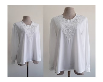 White Embroidered Blouse Vintage Puff Sleeve Blouse Womens Button Back Top Polyester Blouse Romantic Blouse Secretary Blouse Medium