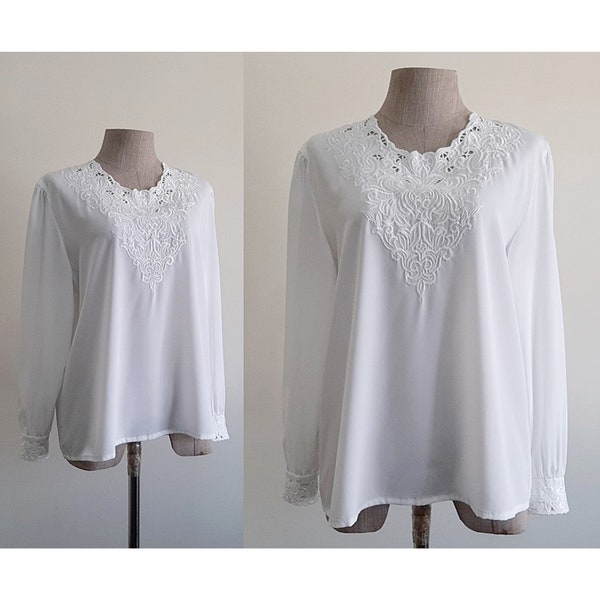 White Embroidered Blouse Vintage Puff Sleeve Blouse Womens Button Back Top Polyester Blouse Romantic Blouse Secretary Blouse Medium