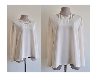 Cream Beaded Neck Blouse Vintage Puff Sleeve Blouse Womens Button Back Top Cottagecore Blouse Romantic Blouse Feminine Blouse Small